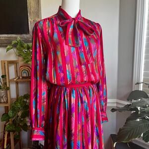 Vintage 70s Colorful Red Striped Silky Skirt Set Size Small